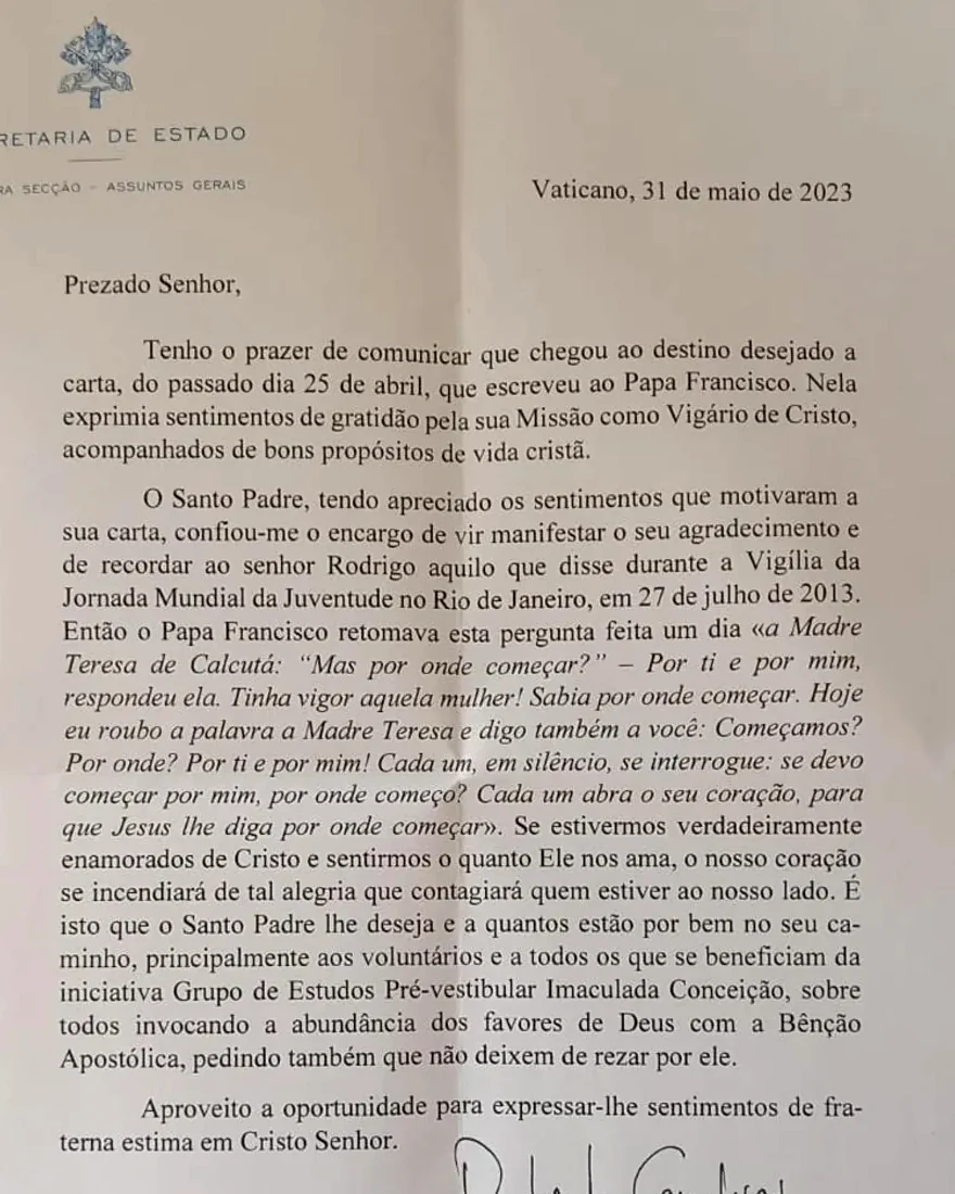 Carta da Secretaria de Estado do Vaticano reconhecendo o GEPIC, 2023